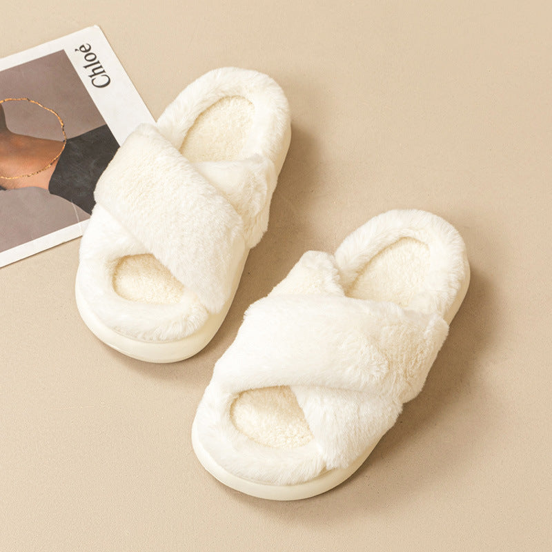 Women's autumn and winter cross strap non-slip thick sole home fur slippers H106