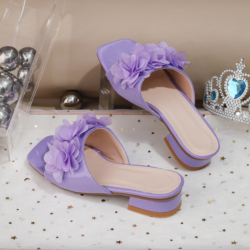 New lace sandals purple beach shoes square toe thick heel slippers LD213