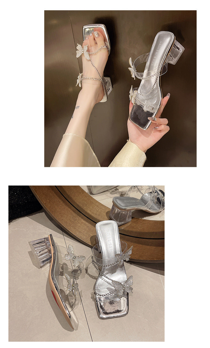 Summer bow rhinestone thick heel transparent silver high heel sandals H147