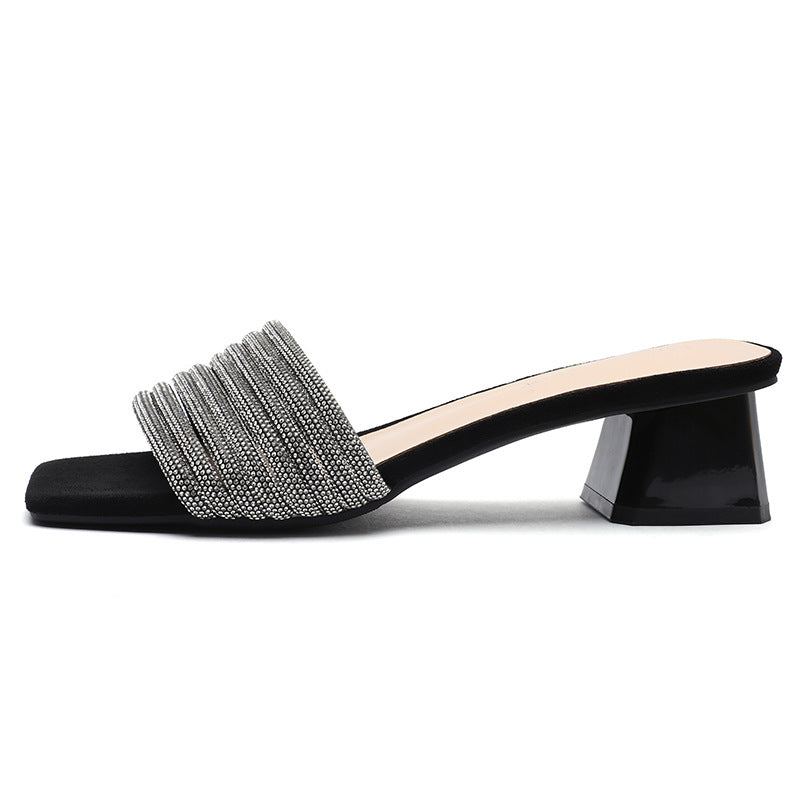 Square toe rhinestone women's sandals, new high-heeled sandals and slippers, comfortable outer shoes LD351