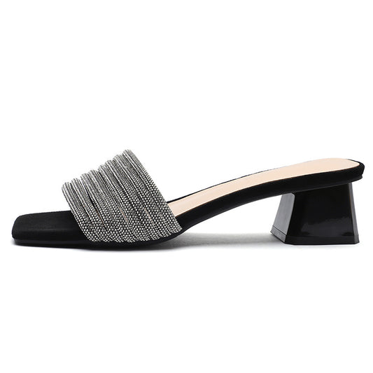 Square toe rhinestone women's sandals, new high-heeled sandals and slippers, comfortable outer shoes LD351