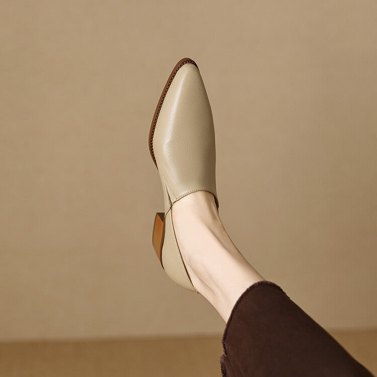 Women's mid-heeled deep-mouth shoes with thick heels and pointed toes in apricot leather Ba112