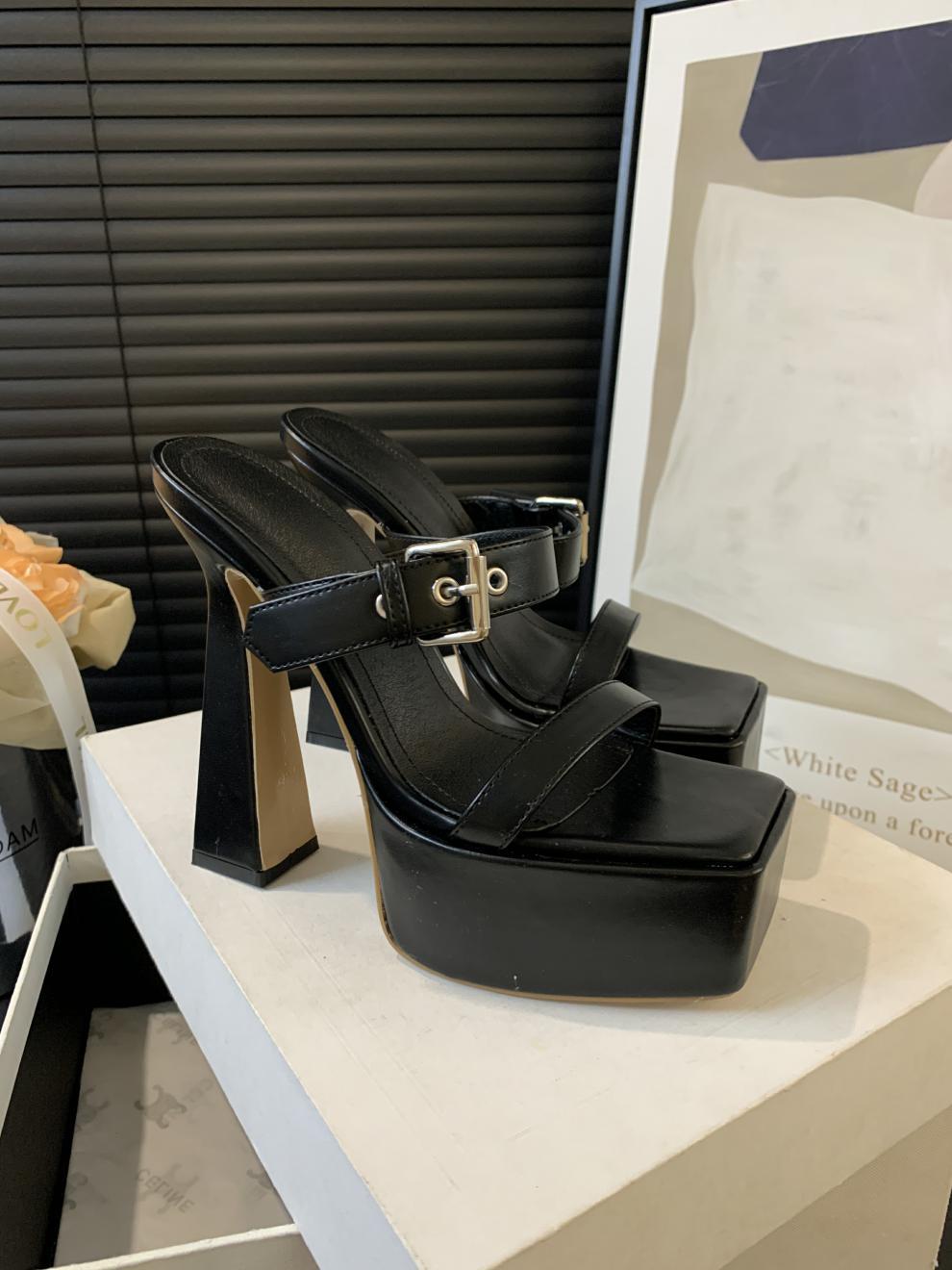 2024 new waterproof platform belt buckle square head thick high heel super high heel sandals V239