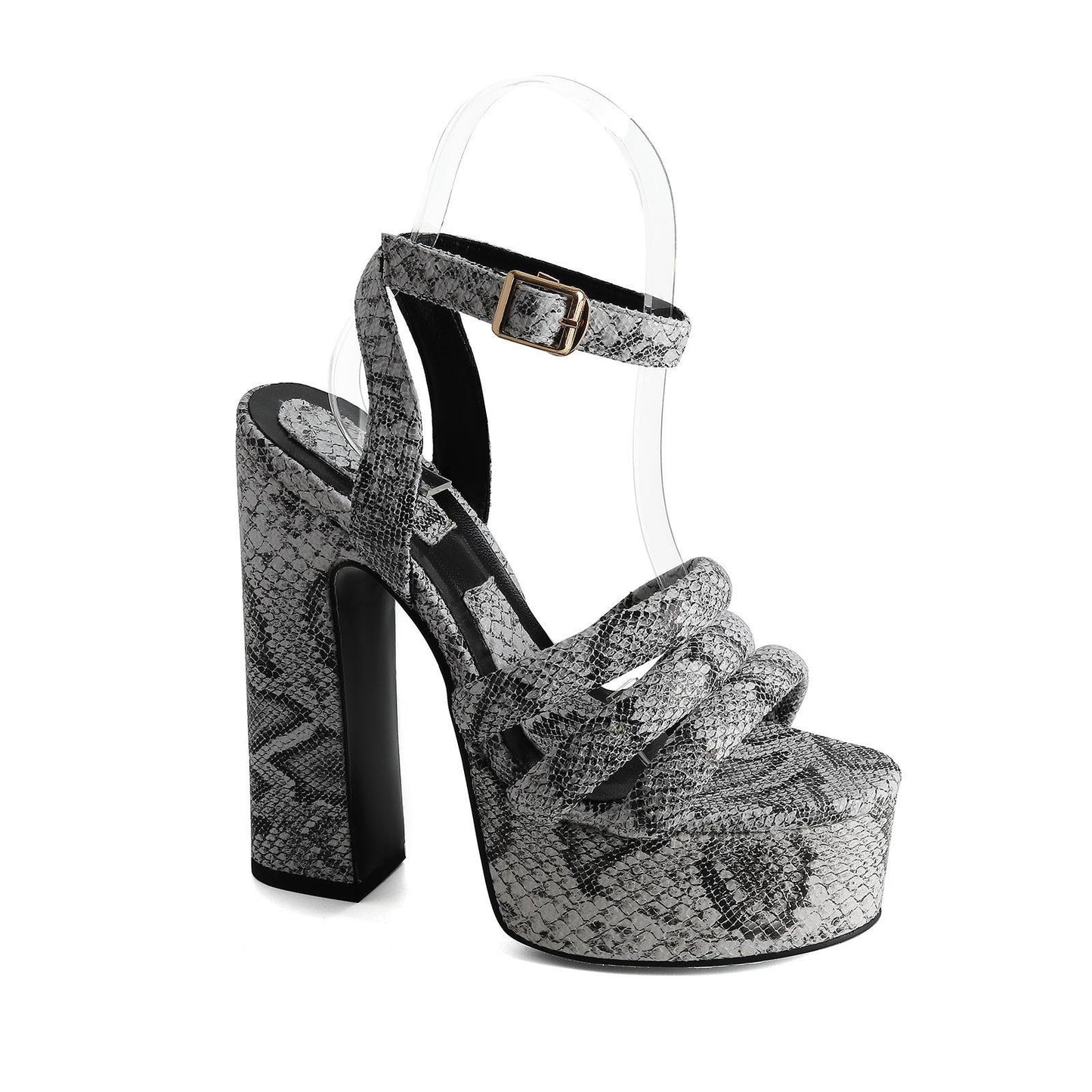 New style round toe buckle strap open toe snake print thick heel large size sandals for women Di506