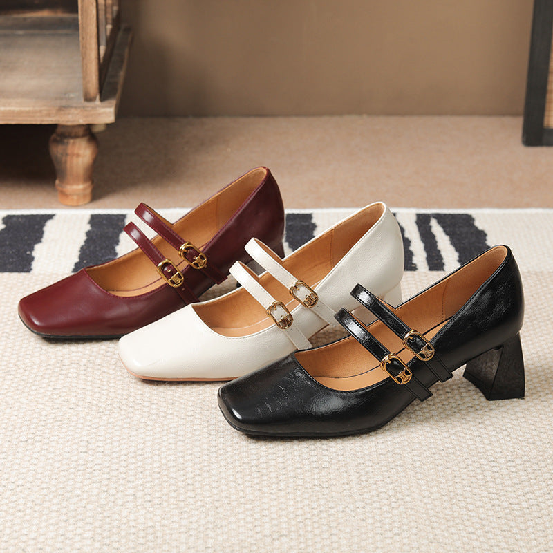 Oil-tanned leather square toe women's thick heel one-strap shallow-mouth single shoes all-match high heels LD315