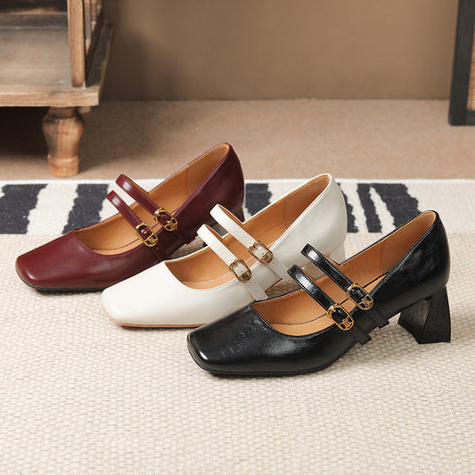Oil-tanned leather square toe women's thick heel one-strap shallow-mouth single shoes all-match high heels LD315