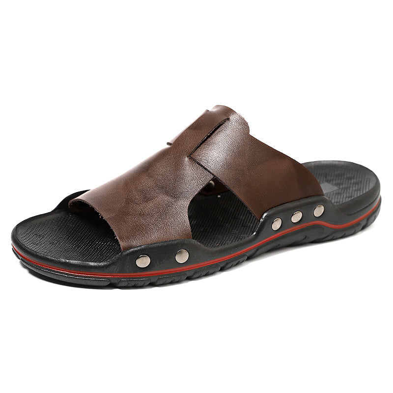 All cowhide men's flip-flops, fashionable and casual beach shoes, non-slip and wear-resistant sandals LD114