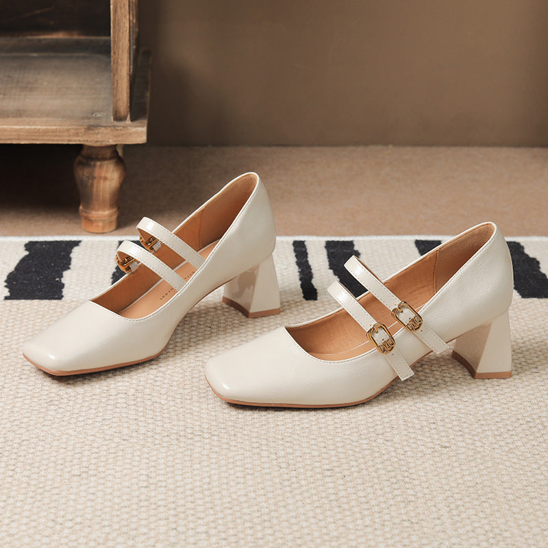 Oil-tanned leather square toe women's thick heel one-strap shallow-mouth single shoes all-match high heels LD315