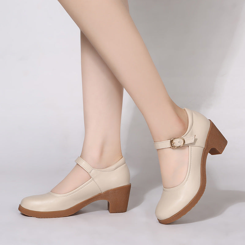 Thick heel buckle cowhide sole mid-heel round toe shallow mouth comfortable shoes CH724