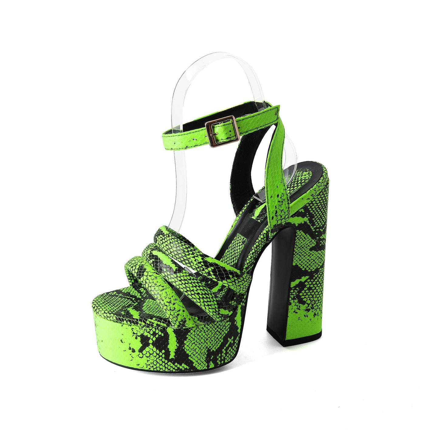 New style round toe buckle strap open toe snake print thick heel large size sandals for women Di506
