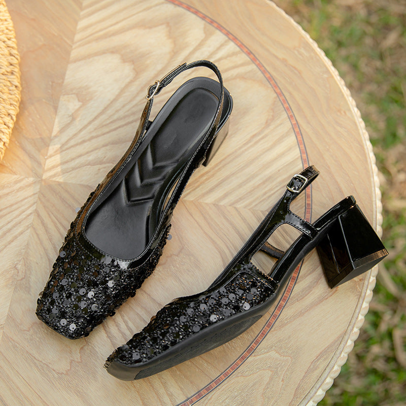 French square toe shallow mouth mid-heel closed toe sandals for women summer sequin fairy style wedding shoes with a strap and empty back CE024