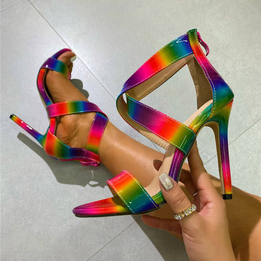 Rainbow High Heels 2024 Summer New Cross Strap Fashion Stiletto Color Block High Heel Sandals LD133