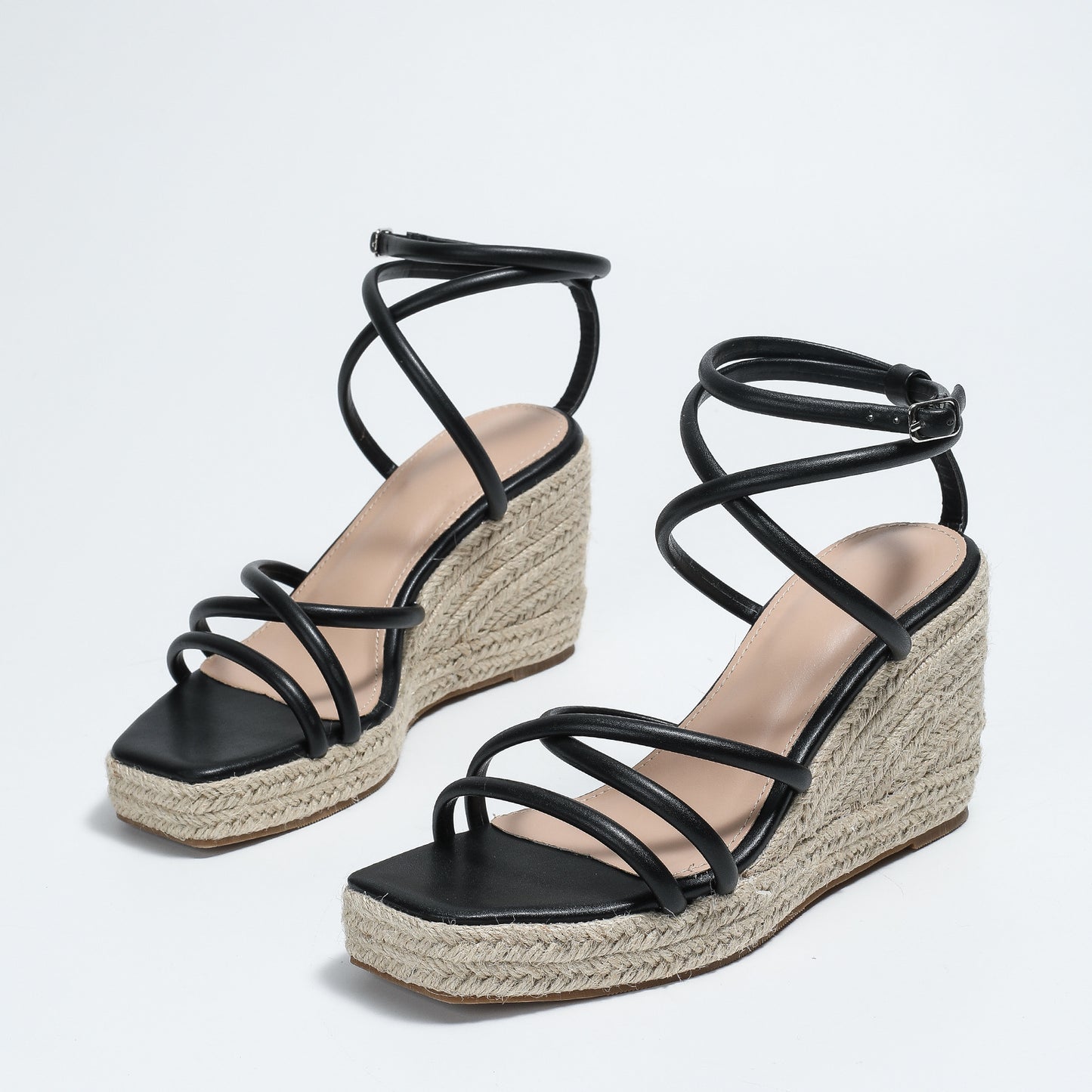 2024 new summer hemp rope wedge sandals for women lace-up Roman platform bottom square head ladies sandals PR146