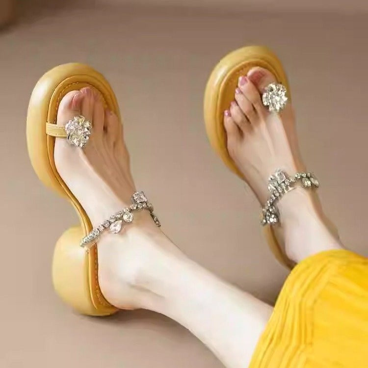 7CM thick-soled sandals for women 2024 new rhinestone toe high-heeled slippers LD264