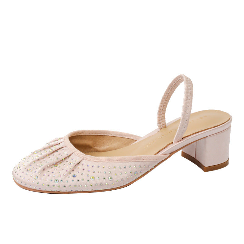 Diamond round toe sandals with thick heels and sheepskin elastic band slippers G635