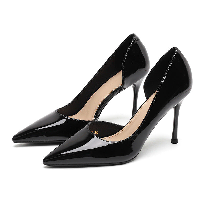 Patent leather high heels for women 2024 spring new style solid color pointed toe stilettos LD099