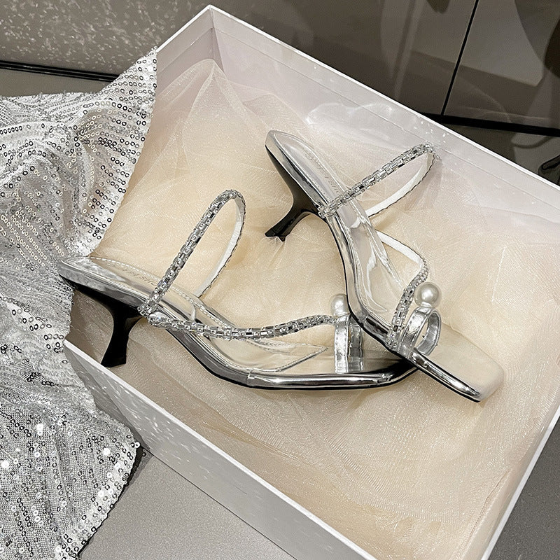 Pearl slip-on slippers with straps for outer wear, new style summer temperament rhinestone high-heeled sandals G498