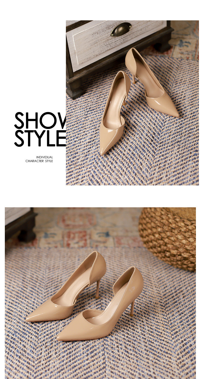 Patent leather high heels for women 2024 spring new style solid color pointed toe stilettos LD099