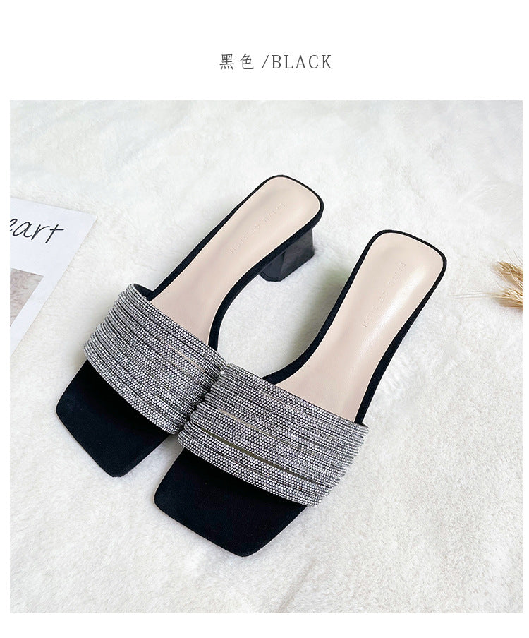 Square toe rhinestone women's sandals, new high-heeled sandals and slippers, comfortable outer shoes LD351