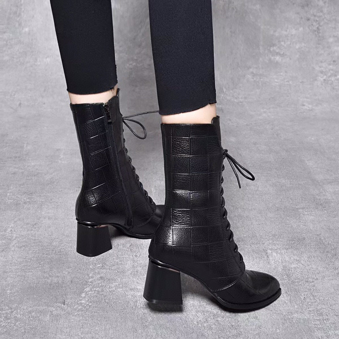 New autumn and winter black embossed leather thick heel lace-up pointed leather high heel boots Di612