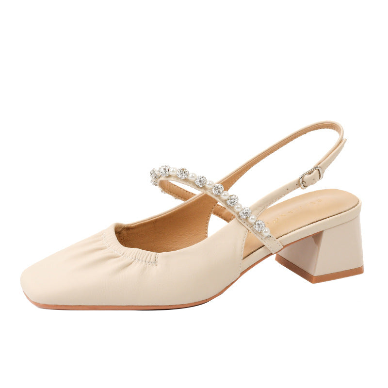Pearl and rhinestone square toe sheepskin mid-heel sandals G686