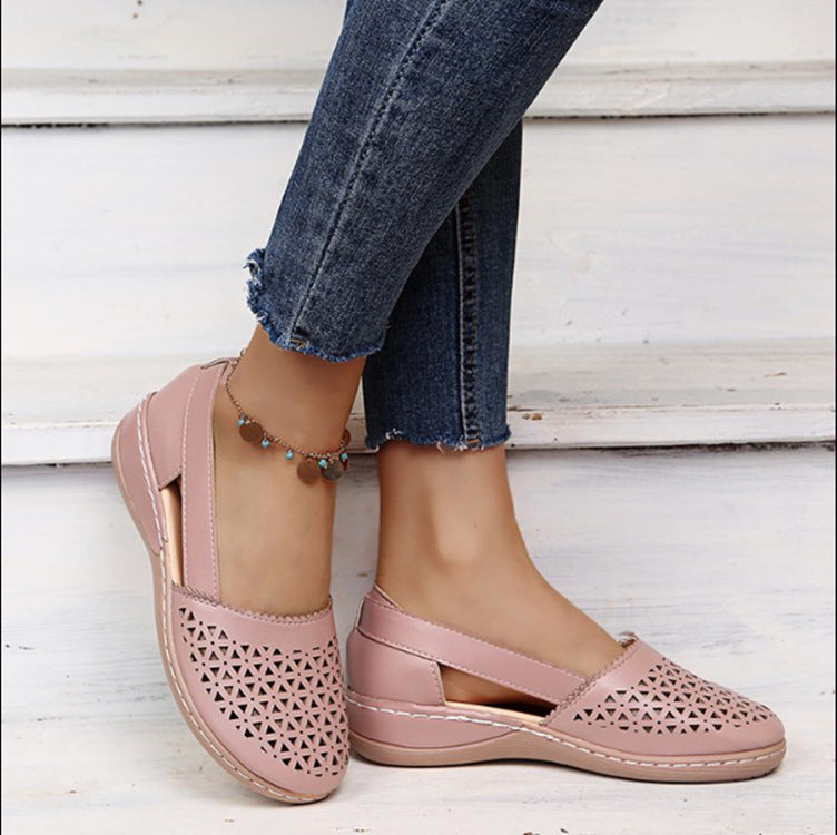 Summer casual sandals wedge heel hollow solid color single shoes low heel sandals LY739
