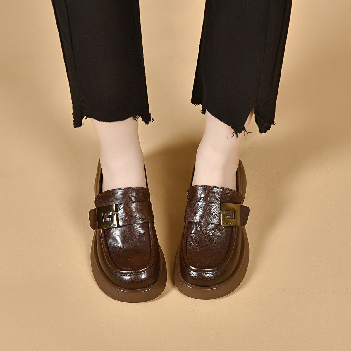 2024 autumn round toe waterproof platform thick sole slip-on loafers small leather shoes G555