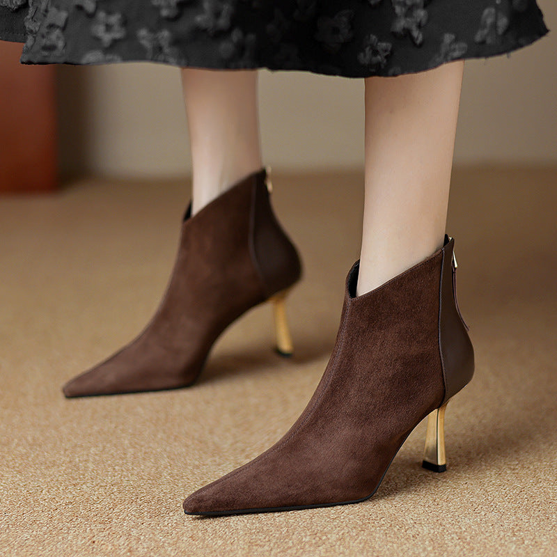 Retro light luxury French 2024 new pointed frosted rear zipper short boots H155