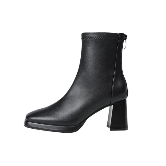New style square toe thick heel waterproof platform black elastic high heel ankle boots G790