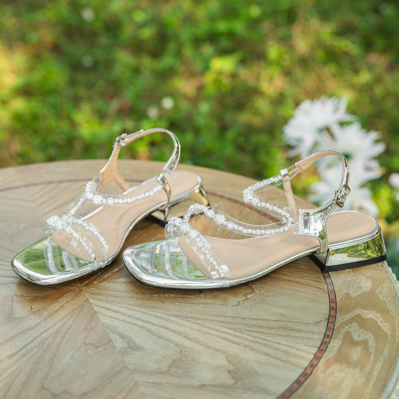 Square head diamond one-strap high heel thick heel sandals open toe fairy style summer Lin014
