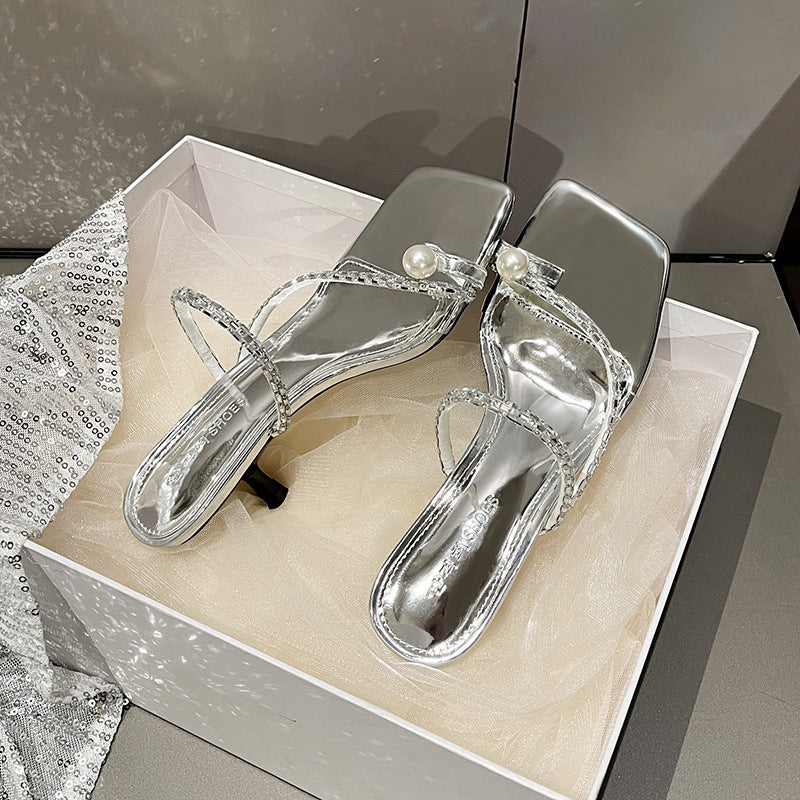 Pearl slip-on slippers with straps for outer wear, new style summer temperament rhinestone high-heeled sandals G498