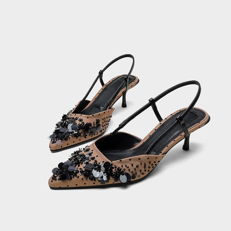 Pointed toe shallow mouth beaded sequined high heels with a buckle strap and stiletto heel sandals JC037