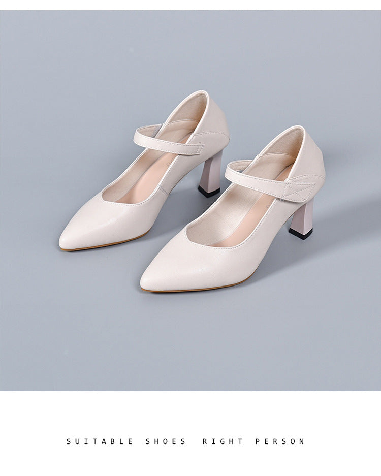 Pointed toe genuine leather shallow mouth thick heel all-match leather shoes H089