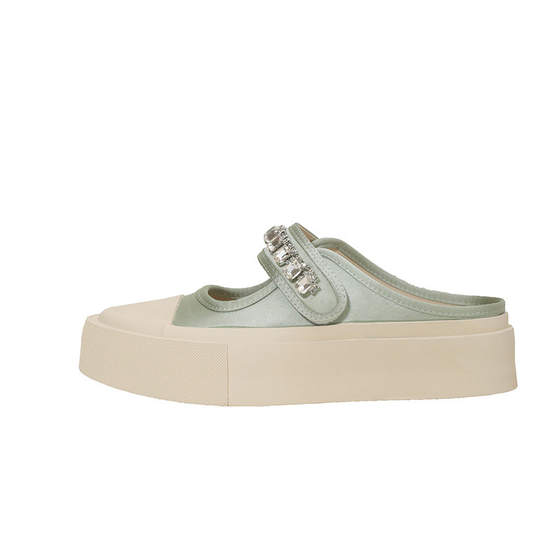 High quality green satin white thick-soled crystal slippers G923
