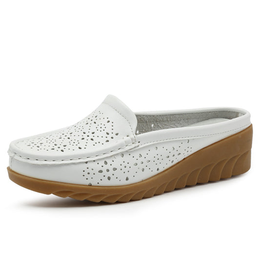 New style genuine leather thick-soled wedge heel half-covered hollow soft-soled slippers G841