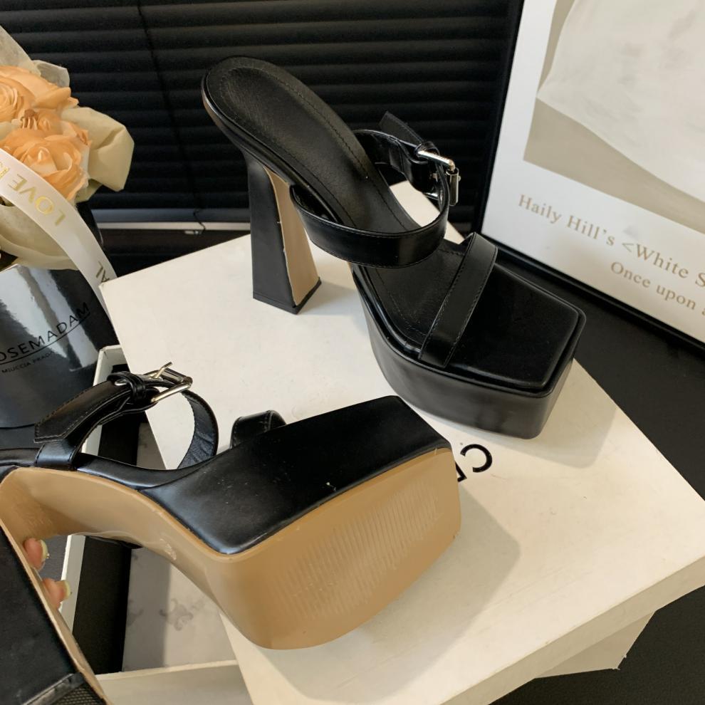 2024 new waterproof platform belt buckle square head thick high heel super high heel sandals V239