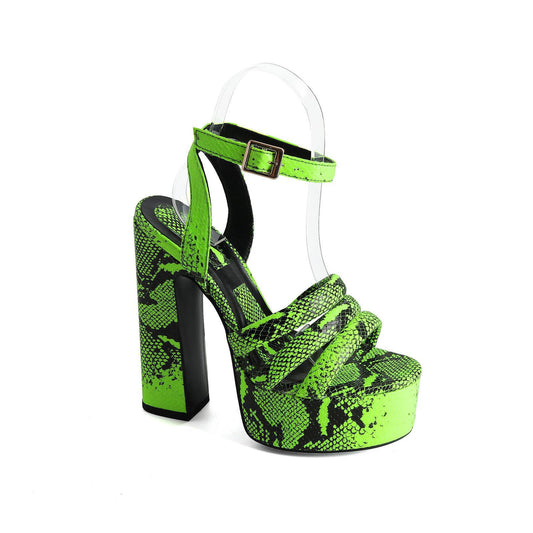 New style round toe buckle strap open toe snake print thick heel large size sandals for women Di506