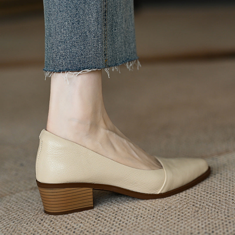 New soft leather shallow mouth pointed toe thick heel apricot women's high heels LY1066