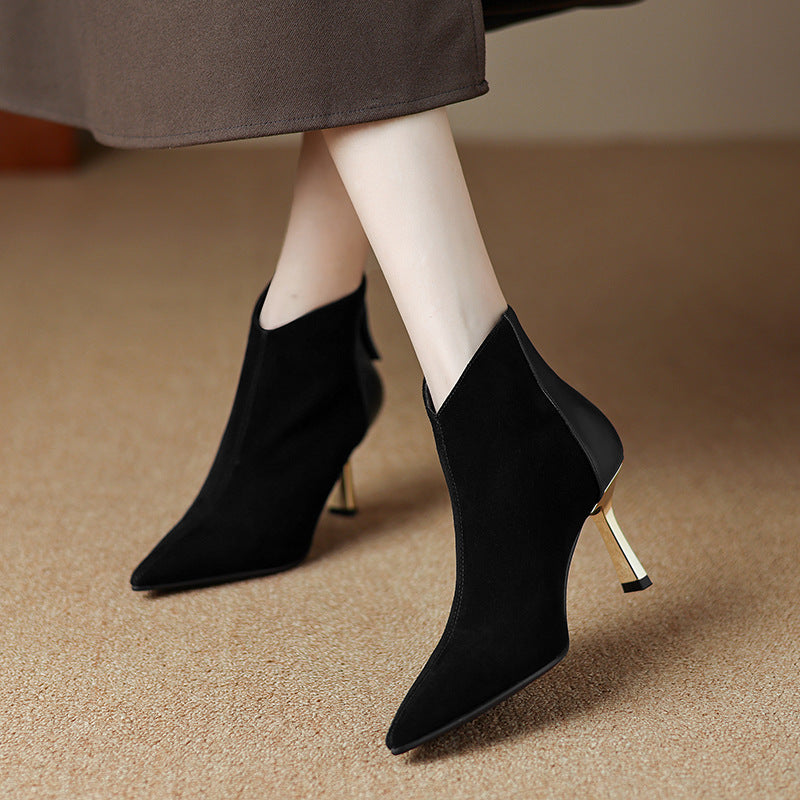 Retro light luxury French 2024 new pointed frosted rear zipper short boots H155