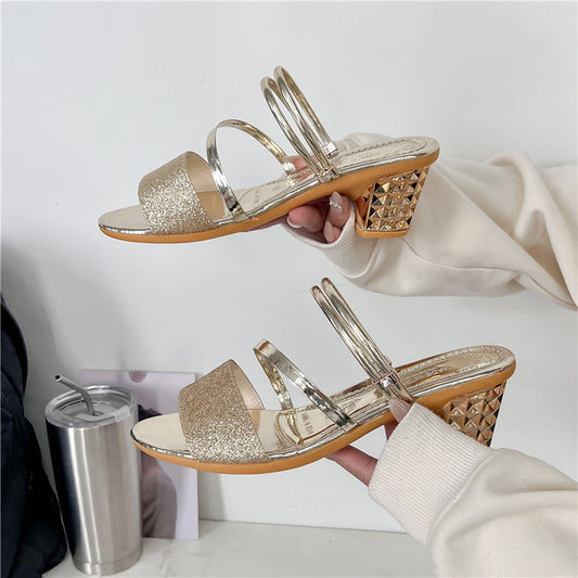 2024 new summer fashion mid-heel thick-heeled gold sandals sailin240100