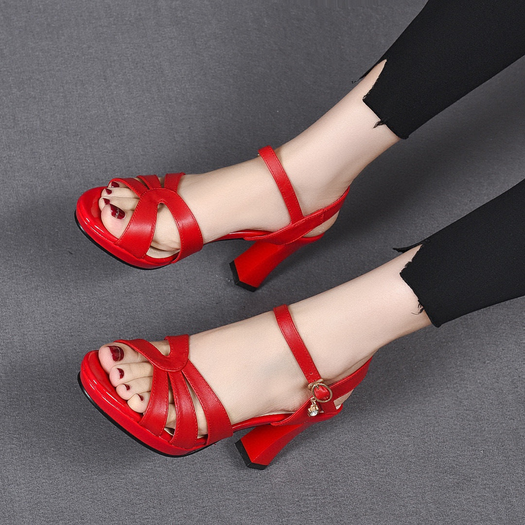 Summer top layer leather open toe buckle waterproof platform thick heel sandals CH821