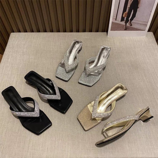 2024 summer new rhinestone flip flops temperament French style small high heel sandals LD106