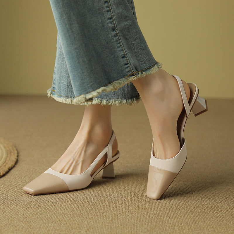 Color-blocked sheepskin toe-cap sandals for women, square-toe chunky heels, elegant high-heeled shoes G965