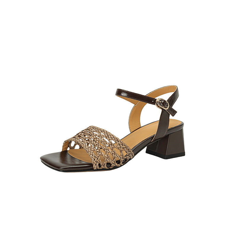 2024 Summer Square Head Thick High Heel Hand-woven Strap Fashion Women's Sandals LD296