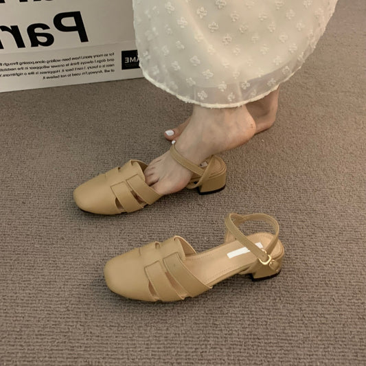 2024 new genuine leather warm khaki hollow closed toe sandals G938