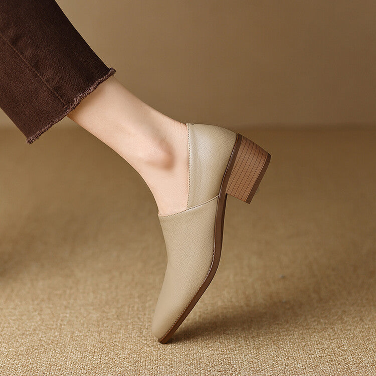 Women's mid-heeled deep-mouth shoes with thick heels and pointed toes in apricot leather Ba112