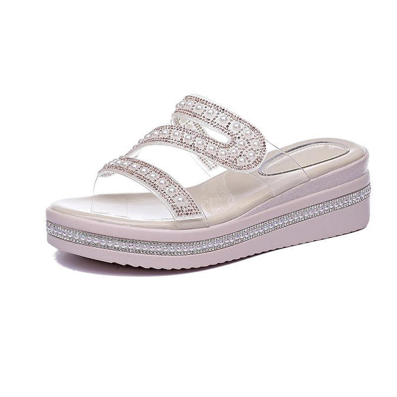 Summer fashion flat breathable rhinestone heightening thick-soled sandals LY1148