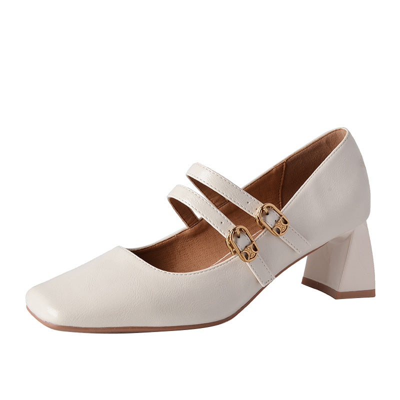 Oil-tanned leather square toe women's thick heel one-strap shallow-mouth single shoes all-match high heels LD315
