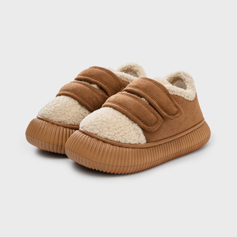 Velcro biscuit shoes for women in winter, thick-soled warm indoor half-slip cotton shoes for outdoor wear, non-slip home cotton slippers PR157