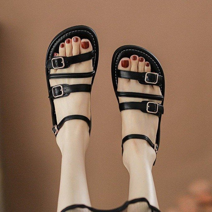 2024 Summer Casual Retro Strap Open Toe Round Toe Flat Sandals G960